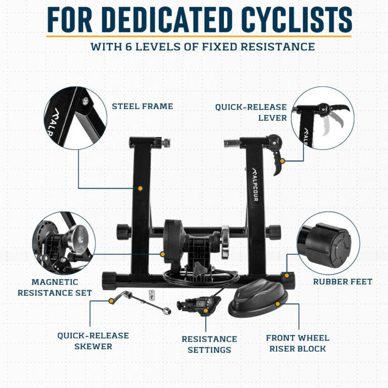 Alpcour Magnetic Bike Trainer Stand - Indoor Stationary Trainer With 6 Resistance Levels, Noise Reduction Flywheel & Quick Release