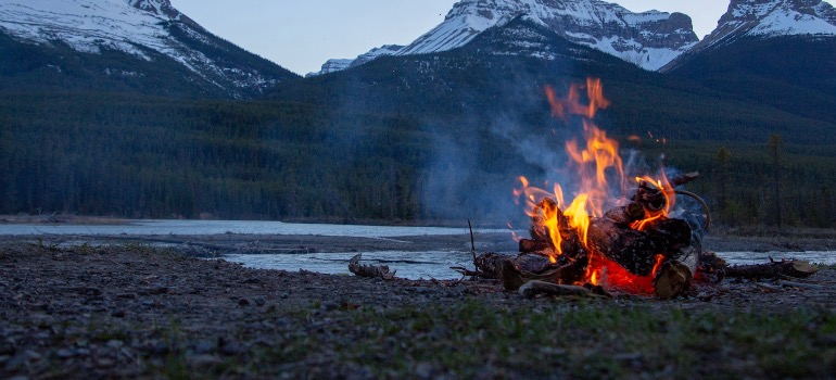 A campfire in the wilderness